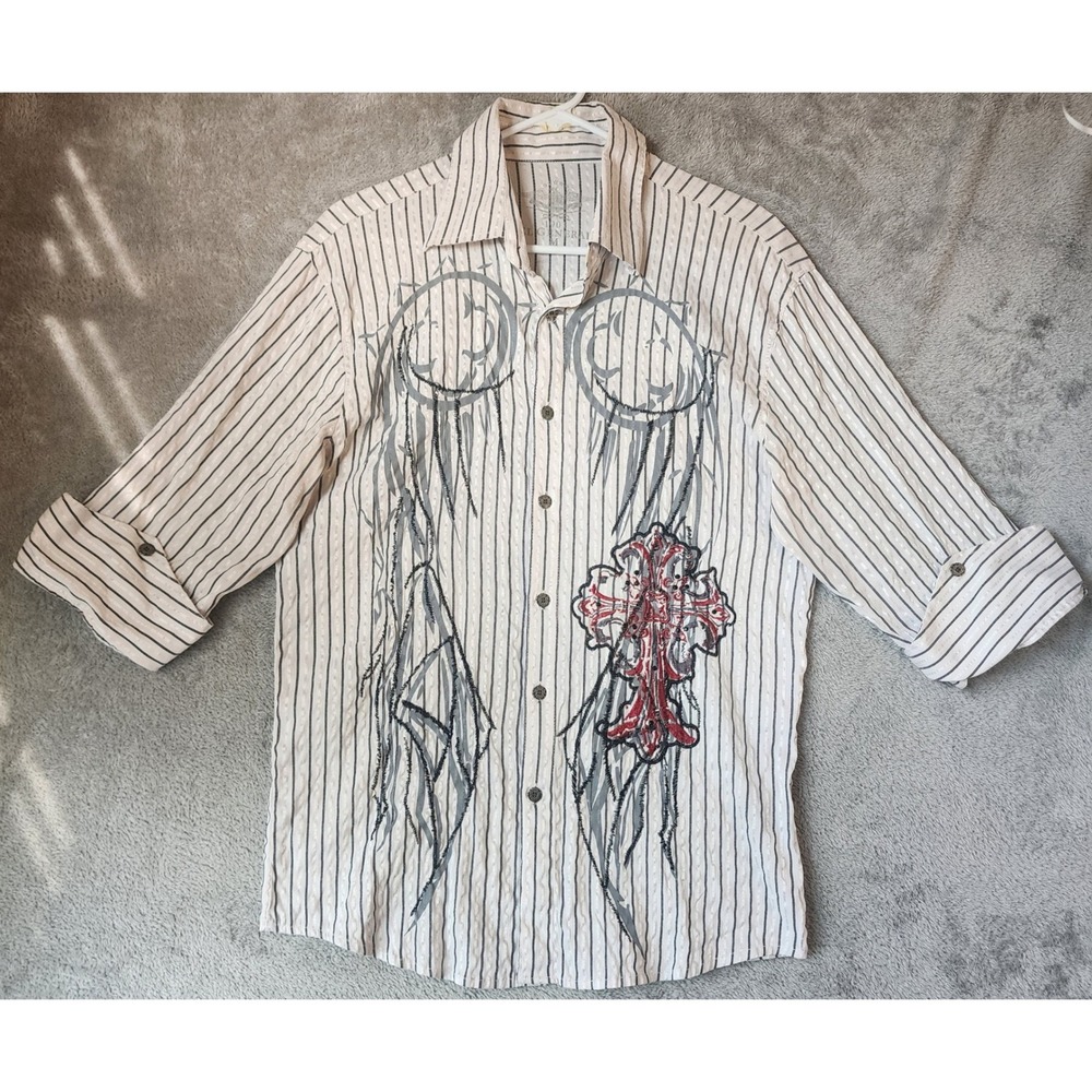 El General Shirt Mens White Gray Striped Embroidered Cross Wing Button Down